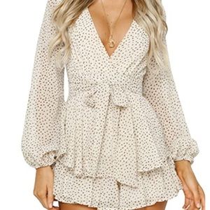 Polka Dot Jumpsuits Deep V-Neck Long Sleeve